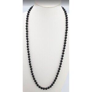 Black Glass Round Bead Necklace Knotted No Clasp 15 Inch 60g Minimalist Strand